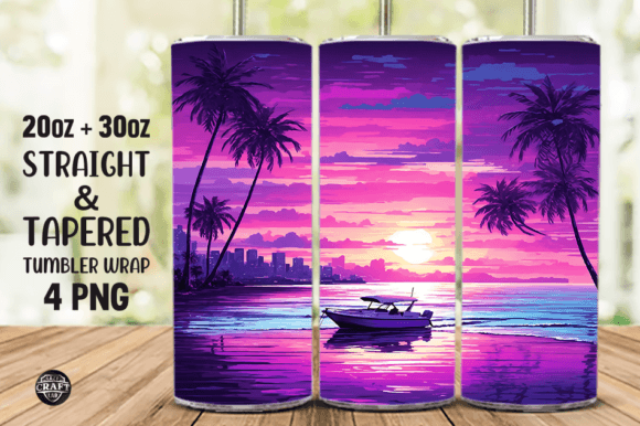 Neon Beach Scene Skinny Tumbler Wrap PNG