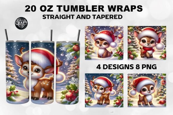 Reindeer with Santa Hat Tumbler Wrap PNG